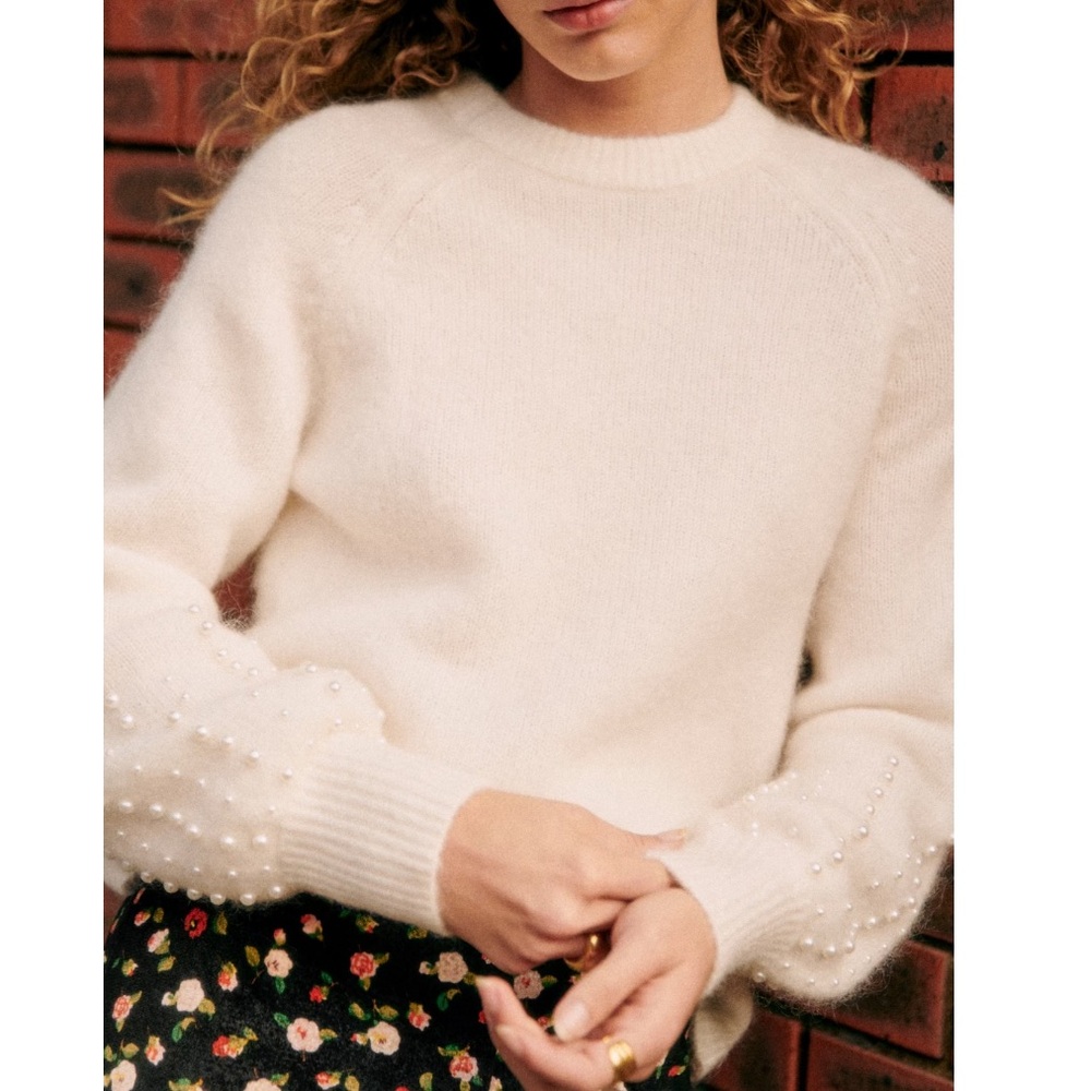Sezane Cream Pearl-Embellished Crewneck Sweater